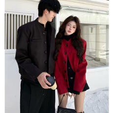 批发酒红色垫肩立领短款<b class='q'>西装</b>外套<b class='q'>男</b>女秋冬新款痞帅设计感夹克西服