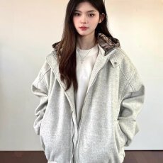 灰色连帽毛呢夹棉棉衣女春秋纯色外套宽松慵懒风拉链开衫上衣