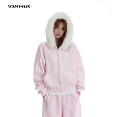 批发时尚新款粉色休闲运动外套男女秋冬韩系大毛领卫衣宽松减龄外套