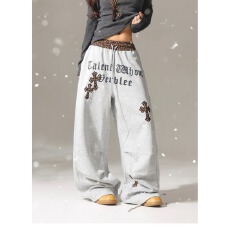 批发美式复古豹纹拼接褶皱弯刀卫裤女秋冬新款<b class='q'>设计</b>感字母宽松阔腿裤子