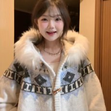 批发2025新款秋季连帽<b class='q'>毛衣</b>女费尔岛提花<b class='q'>开衫外套</b>学院风百搭毛线衫