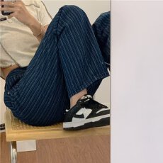 批发蓝色竖条纹牛仔<b class='q'>裤</b>女秋季2025新款原宿风水洗高腰直筒<b class='q'>宽松</b>阔腿长<b class='q'>裤</b>