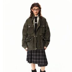 批发美式巴恩风重工做旧砂洗工装<b class='q'>外套</b>女落肩袖设计感小众夹克<b class='q'>上衣</b>