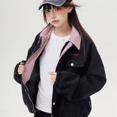 批发美式复古棒球服外套女春秋季新款设计感毛呢翻领宽松上衣<b class='q'>夹克</b>简约