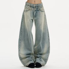 美式复古高腰直筒牛仔裤女春秋款辣妹高街设计感宽松显瘦阔腿裤子