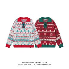 批发氛围感圣诞节拼色针织衫男女款美式红绿拼色<b class='q'>街头</b>情侣毛衣