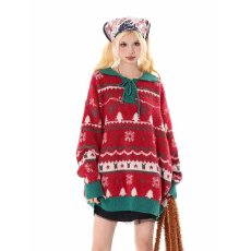 批发2024秋冬氛围感圣诞节拼色针织衫男女款美式红绿拼色<b class='q'>街头</b>情侣毛衣