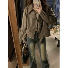 批发欧货翻领短款pu皮外套女2023秋冬新款高级感<b class='q'>机车</b>炸街小个子皮夹克