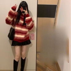 批发奶fufu慵懒风毛衣女秋冬圆领套头内搭水貂毛宽松撞色条纹上衣<b class='q'>日系</b>