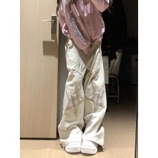 批发原版质量立体派牛星星贴布弯刀牛仔<b class='q'>裤</b>女秋街头宽松垂感阔腿长<b class='q'>裤</b>