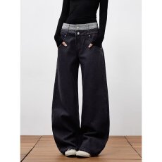 批发双腰头拼接水洗牛仔薄款ootd阔腿牛仔<b class='q'>裤</b>女春秋高腰宽松拖地<b class='q'>裤</b>子