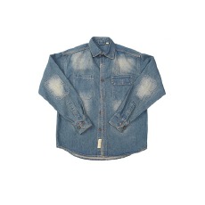 批发硬挺有型美式复古做旧磨白水洗工装衬衫肘部补丁宽松牛仔衬衣