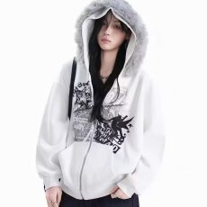 批发2025秋季灰色连帽卫衣外套女双拉链美式复古狗狗印花宽松潮流上衣