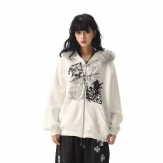 批发2025灰色连帽卫衣外套女双拉链美式复古狗狗印花宽松潮流上衣