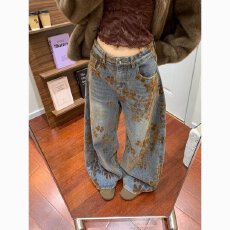 批发美式复古花卉植绒提花牛仔<b class='q'>裤</b>秋季宽松设计感阔<b class='q'>腿</b>拖地<b class='q'>裤</b>子潮