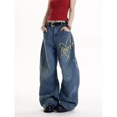 批发美式高街街头复古重工涂鸦直筒牛仔<b class='q'>裤</b>女大码胖mm宽松显瘦阔腿长<b class='q'>裤</b>