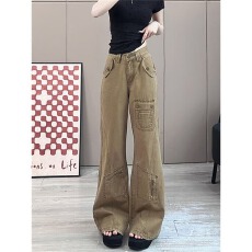 批发美式高街设计感微喇牛仔裤女小个子春夏季新款高腰休闲显瘦工装裤