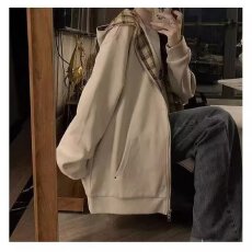 批发格子拼接连帽卫衣女秋冬oversize加绒加厚外套宽松慵懒风<b class='q'>开衫</b>上衣