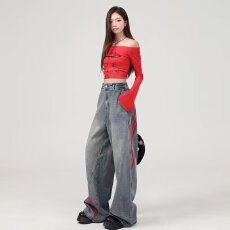 美式复古条纹拼接直筒牛仔裤女夏季高街设计感宽松做旧工装阔腿裤