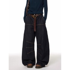 批发美式高街明线缝制设计感弯刀牛仔裤男女宽松休闲baggy阔腿长裤潮