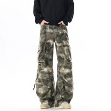 批发美式复古褶皱多口袋迷彩工装牛仔裤<b class='q'>女</b>高街潮牌显瘦堆积感拖地裤子