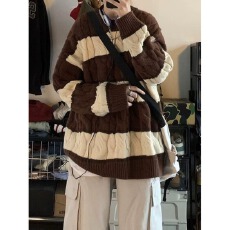 条纹针织衫女秋季破洞不规则设计感小众宽松中长款慵懒风毛衣上衣