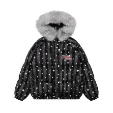 高质量原版原布做法毛领酷米狐连帽棉服外套女冬宽松加厚面包服