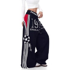 批发春<b class='q'>秋</b>美式街舞运动风休闲裤男女宽松直筒双腰头拼接条纹阔腿长裤