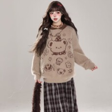 批发原版水<b class='q'>貂绒</b>连帽魔方毛衣女秋冬宽松休闲卡通熊提花套头针织<b class='q'>外套</b>