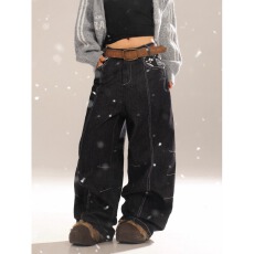 批发复古新风格印花高腰<b class='q'>牛仔裤</b>男女秋冬新款宽松显瘦拖地阔腿裤情侣