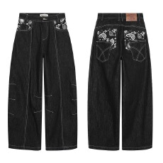 批发美式新风格复古水洗印花阔腿<b class='q'>牛仔裤</b>男女同款宽松直筒拖地裤百搭潮