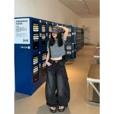 批发秋冬美式复古水洗弯刀设计感情侣<b class='q'>牛仔裤</b>宽松阔腿男女长裤子