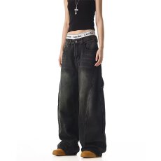 批发秋冬美式复古水洗弯刀设计感情侣<b class='q'>牛仔裤</b>宽松阔腿男女长裤子