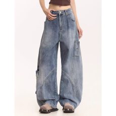 批发美式复古解构水洗弯刀<b class='q'>牛仔裤</b>男女微喇叭显瘦宽松休闲直筒阔腿长裤