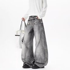 批发美式复古高腰直筒<b class='q'>牛仔裤</b>男女春秋款高街宽松显瘦窄版阔腿拖地裤
