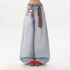 批发美式复古水洗做旧泼墨弯刀<b class='q'>牛仔裤</b>男女宽松潮牌高街vibe风阔腿裤子