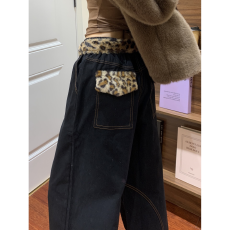 批发美式雀斑小众<b class='q'>设计</b>感豹纹刺绣牛仔裤女复古宽松bf慵懒风阔腿拖地裤