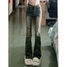 批发高弹力秋冬南大街<b class='q'>时尚</b>设计感高腰显瘦牛仔裤女弹力微喇裤韩版