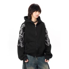 批发华棉复合350克原版钉珠刺绣连帽黑衣<b class='q'>开衫</b>加绒<b class='q'>卫衣</b>男女拉链外套