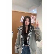 批发新款豹纹麂皮夹克外套<b class='q'>男</b>女春秋季加厚美式情侣运动连帽上衣ins