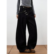 批发飞机扣牛仔阔腿牛仔很忙牛仔裤女春秋遮胯显瘦慵懒宽松直筒裤