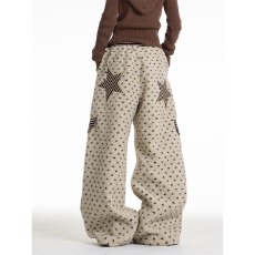 批发爱心满印羊羔绒阔腿裤宽松锦鲤复古设计显瘦休闲百搭拖地长裤女