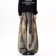 批发美式脏染水洗做旧直筒<b class='q'>牛仔裤</b>男女微喇ing风复古宽松阔腿长裤拖地