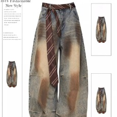 批发美式脏染水洗做旧直筒<b class='q'>牛仔裤</b>男女微喇vibe风复古宽松阔腿长裤拖地