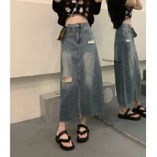 批发大码2025年新款复古破洞开叉<b class='q'>牛仔</b>半身裙女学生高腰宽松显瘦中<b class='q'>长裙</b>