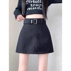 批发微胖mm高腰灰色毛呢a字半身裙大码秋冬灰色半裙防走光加厚短裙女