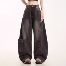 批发新款日系复古水洗做旧弯刀牛仔裤男女生宽松直筒休闲阔腿拖地裤潮