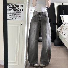 批发美式复古高腰阔腿牛仔<b class='q'>裤</b>女春夏新款宽松显瘦时尚设计感直筒拖地<b class='q'>裤</b>