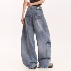 批发新款日系复古水洗做旧弯刀牛仔裤男女生宽松直筒休闲阔腿拖地裤潮