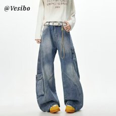 批发美式复古解构水洗弯刀牛仔<b class='q'>裤</b>男女微喇叭显瘦宽松休闲直筒阔腿长<b class='q'>裤</b>